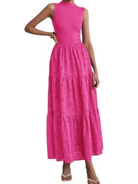 NWT Pretty Garden Hot Pink Eyelet Tiered Dress Ruched Tank Sleeveless Maxi Large